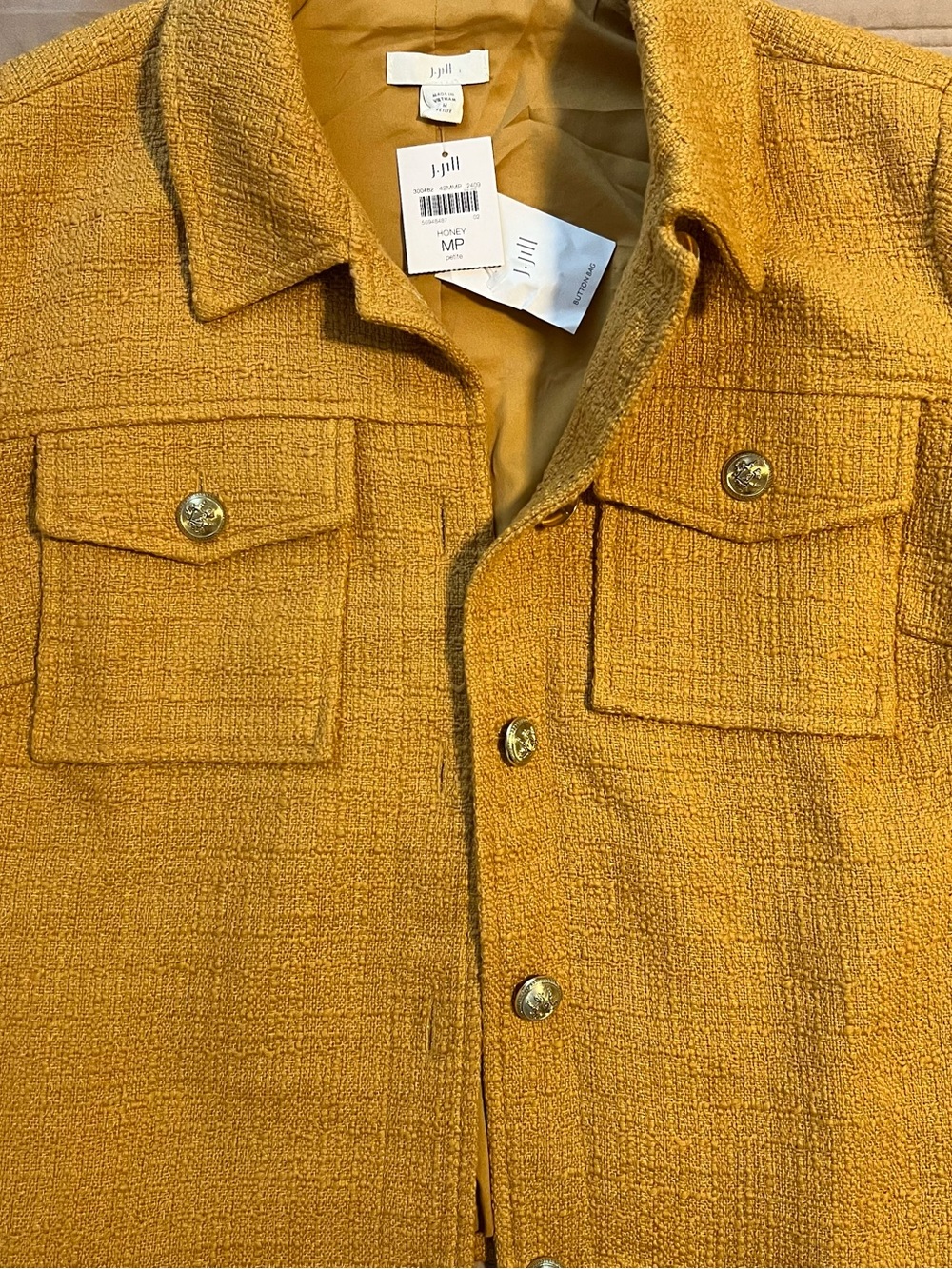 J. Jill Mustard Textured Bouclé Shirt Jacket Honey Medium Petite gold buttons - Picture 5 of 10